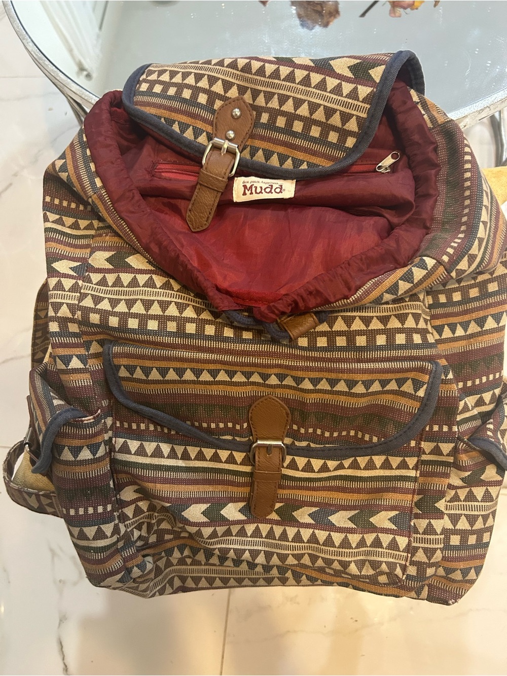 Mudd Tribal Azteca Geometric Print Leather Canvas Backpack in Burgundy and Brown